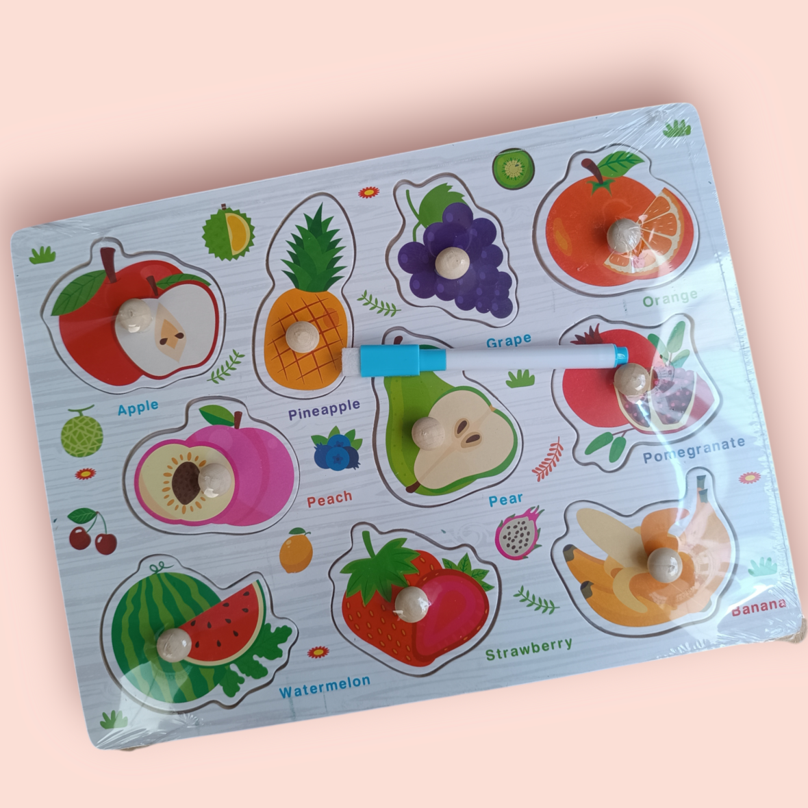 Wooden Fruit Knobbed Puzzle Board with White Board