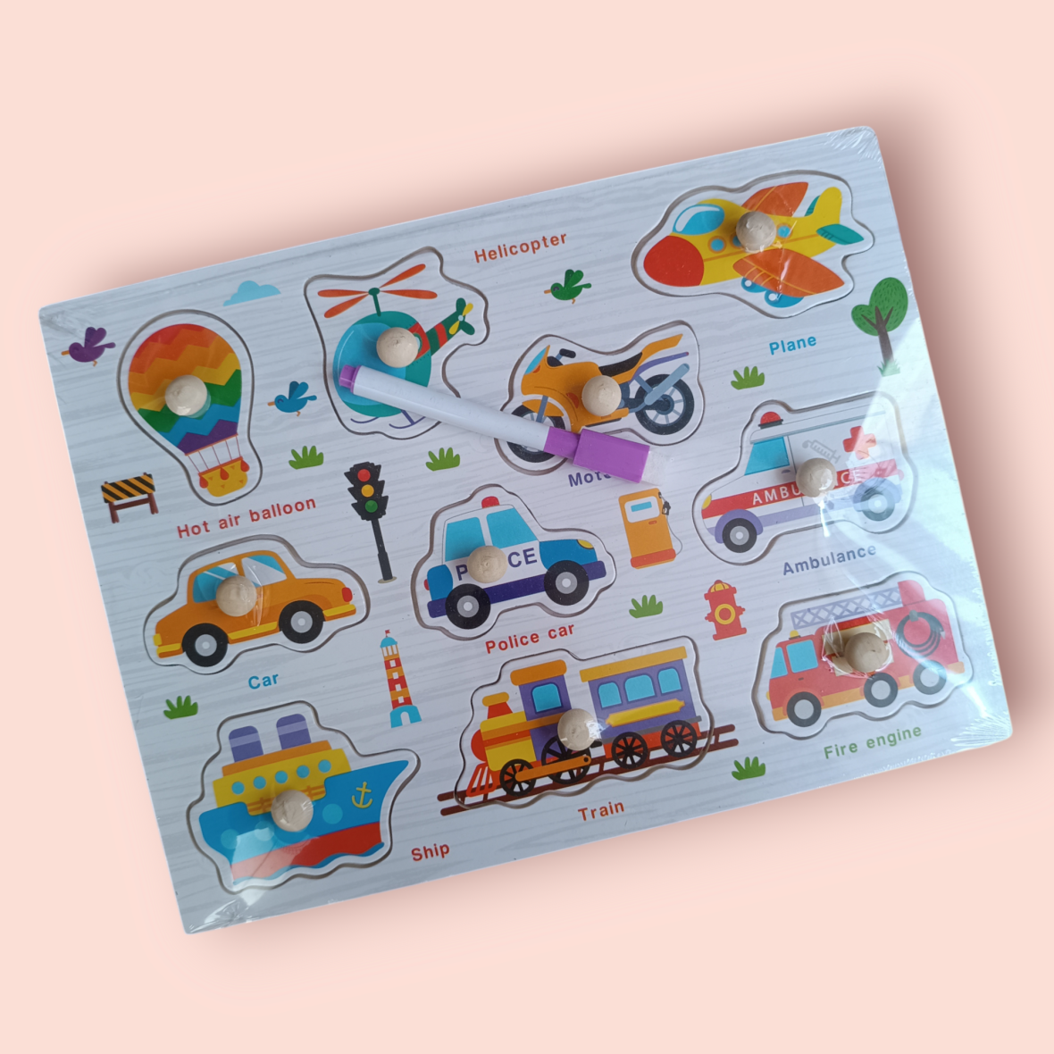 Wooden Vehicle Knobbed Puzzle Board with White Board
