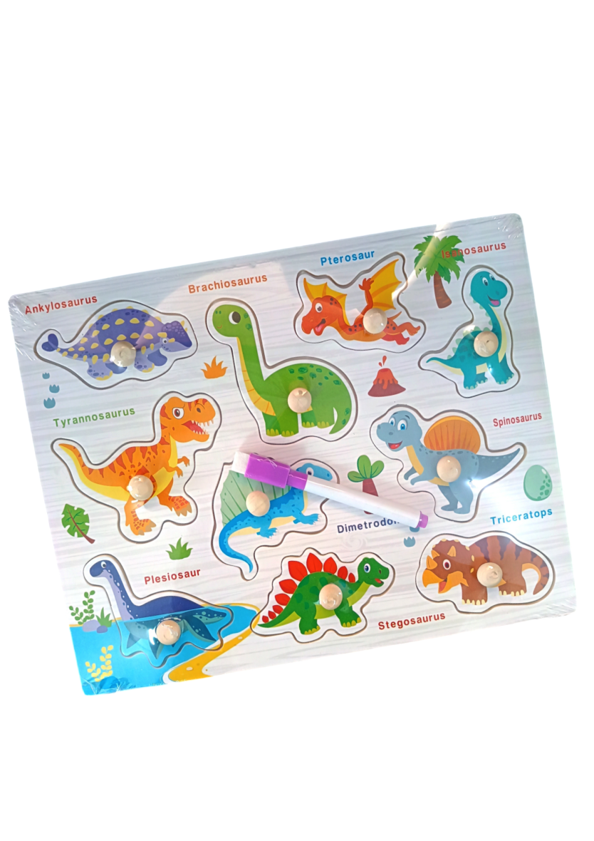 Wooden Dinosaur Knobbed Puzzle Board with White Board