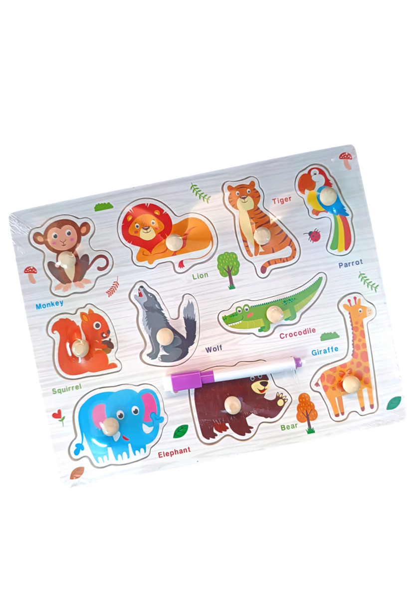 Wooden Animal Knobbed Puzzle Board with White Board